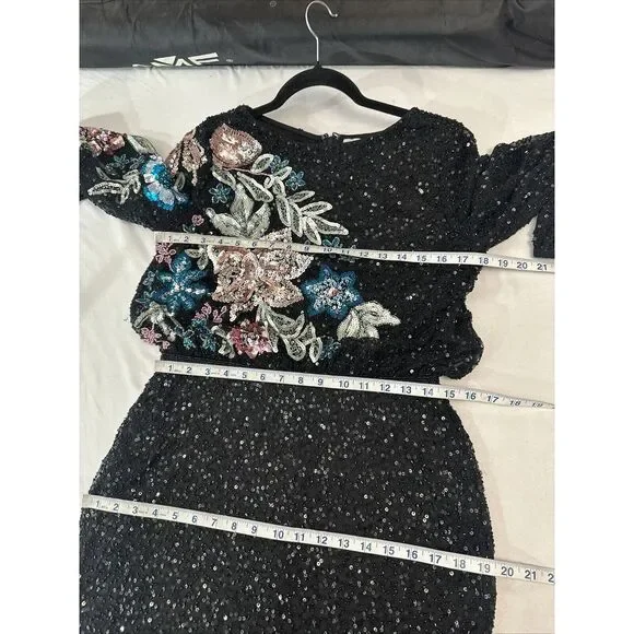 mac duggal black embellished floral long sleeve dress Mac Duggal - Black High Neck Long Sleeve Sequin Gown main image 0